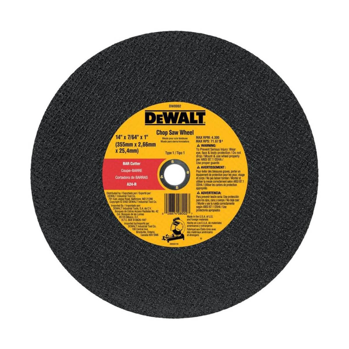 DEWALT DW8002 14-in x 3/32-in Bar Cutter Chop Saw Wheel