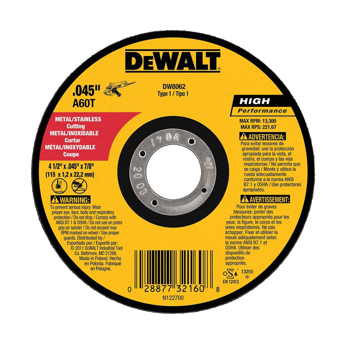 DEWALT 4.5-in x .045-in x 7/8-in Metal Cutting Wheel