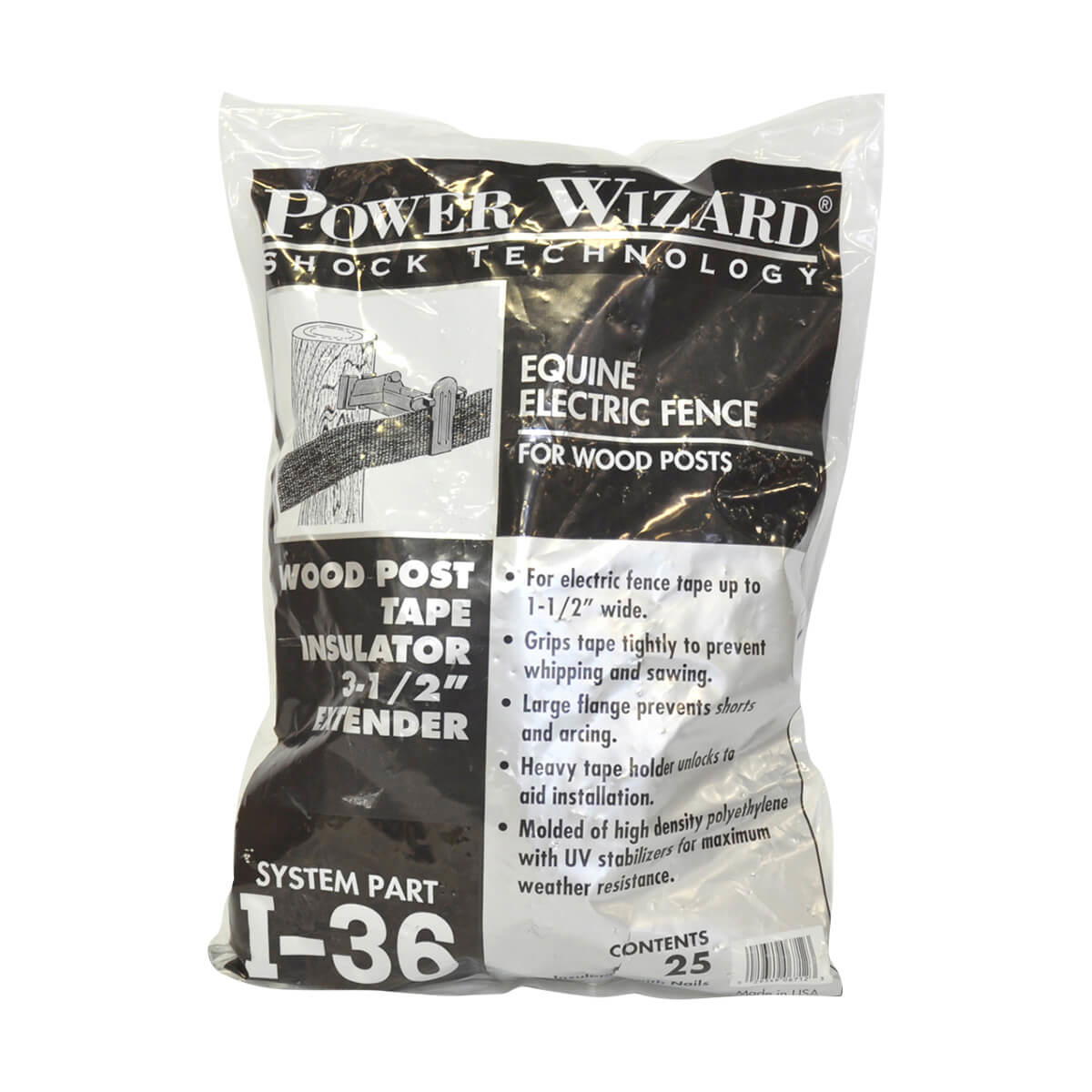 Power Wizard I-36 Electric Fence Wood Post Tape Insulator - 25 pack